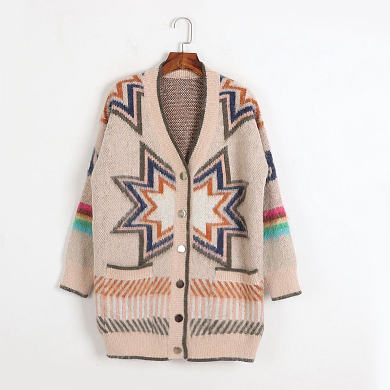 Geometric Diamond Contrast Color Loose Mohair Knitted Cardigan Sweater Coat