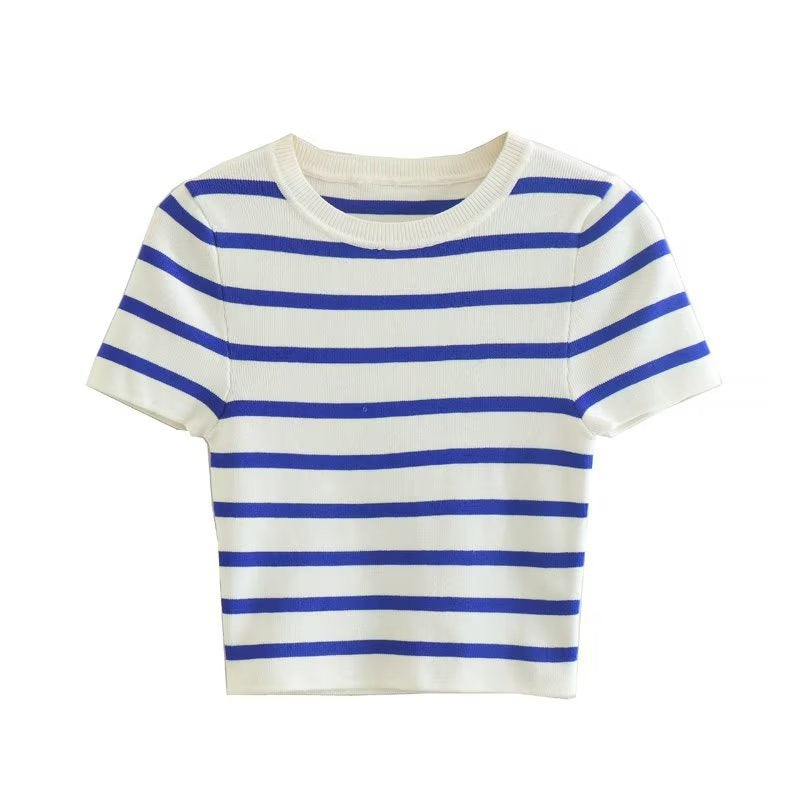 Two-color Short Knitted Top Slim Striped