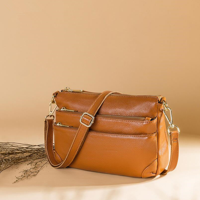 New Genuine Leather Women's Multi Zipper Partition Single Shoulder Crossbody Bag