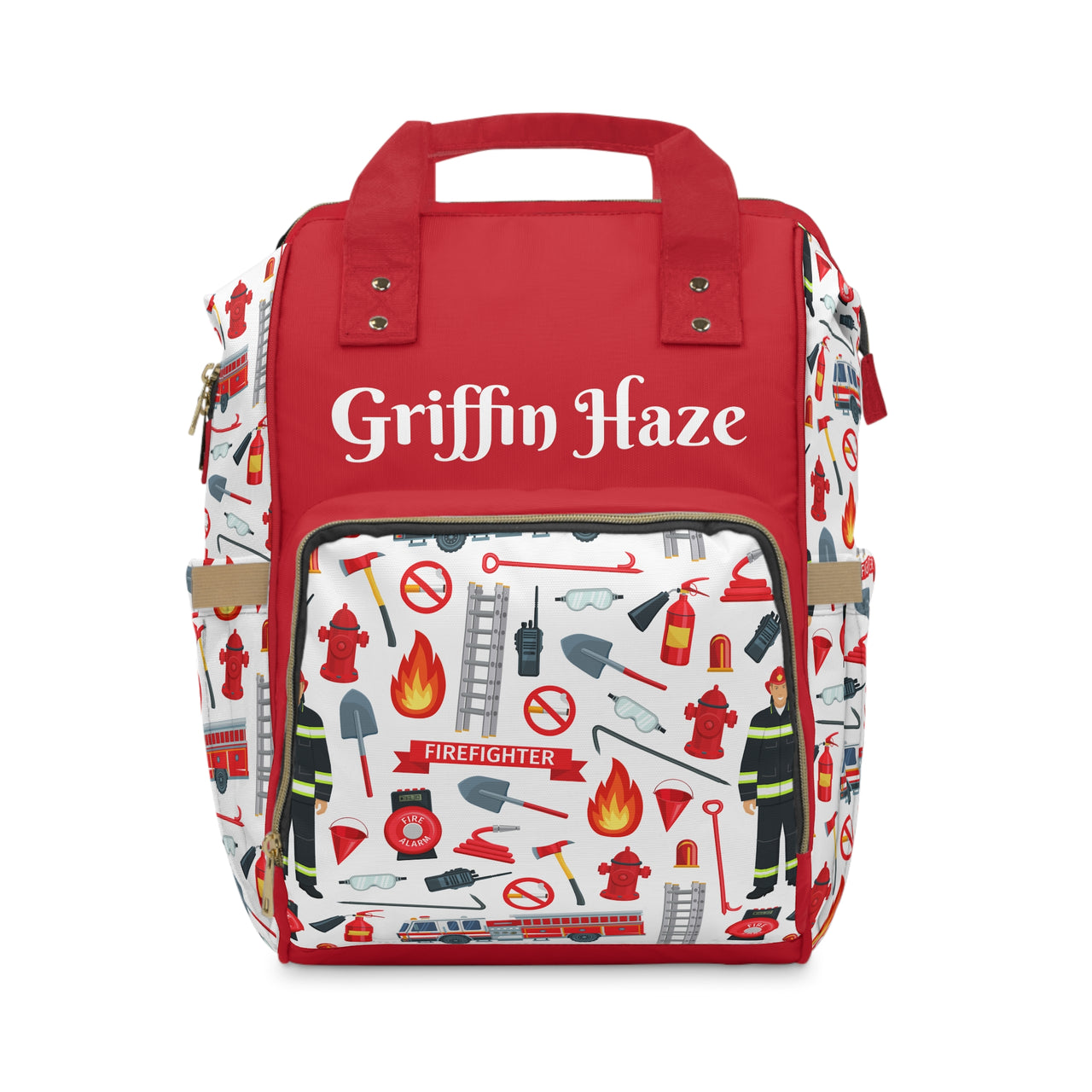 Personalized Red Firefighter Print Pattern Multifunctional Diaper Backpack, Newborn Gift, Baby Shower Gift, Firetruck Backpack