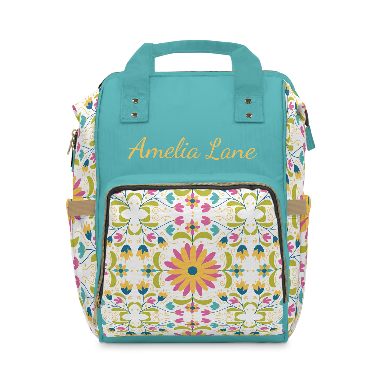 Personalized Mexican Tile Pattern Multifunctional Diaper Backpack, Newborn Gift, Baby Shower Gift, Blue Flower Backpack