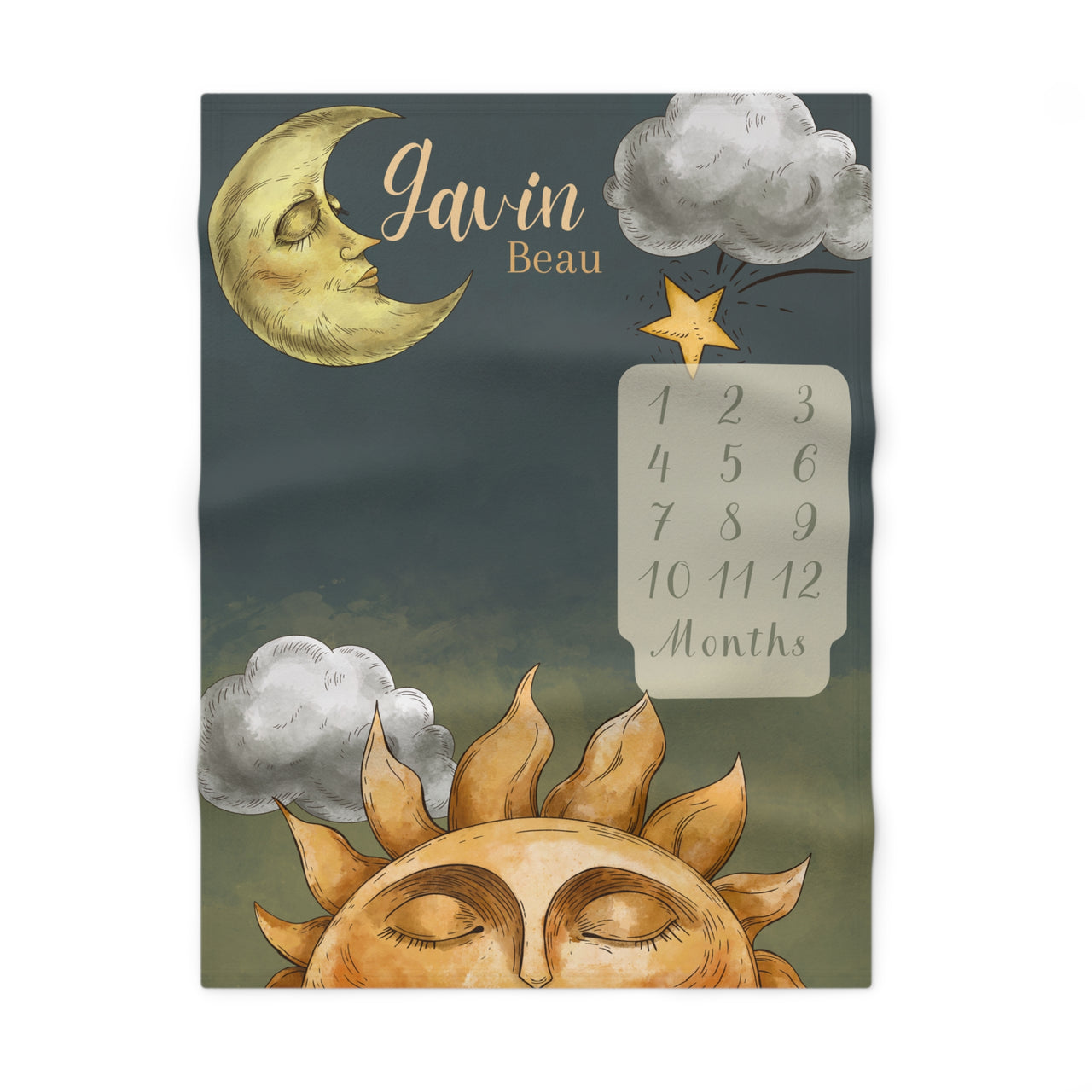 Sun and Moon Themed Soft Fleece Milestone Blanket, Boys Monthly Growth Tracker, Personalized Baby Blanket, Baby Shower Gift