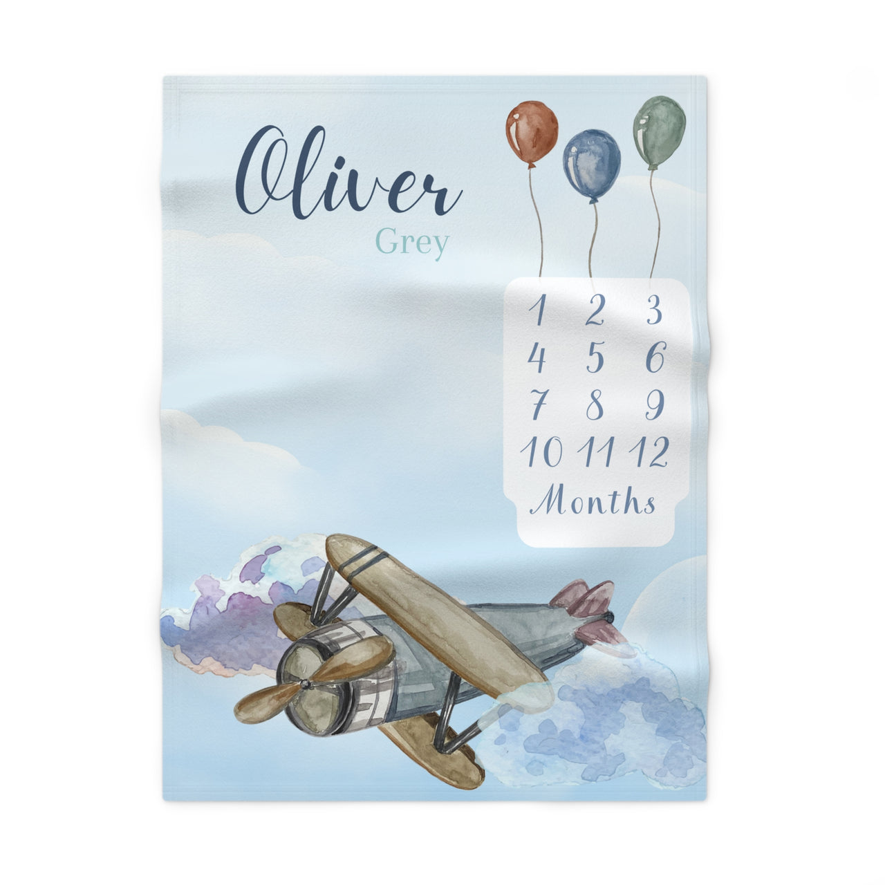 Airplane Themed Soft Fleece Milestone Blanket, Boys Monthly Growth Tracker, Personalized Baby Blanket, Baby Shower Gift, Newborn Baby Gift