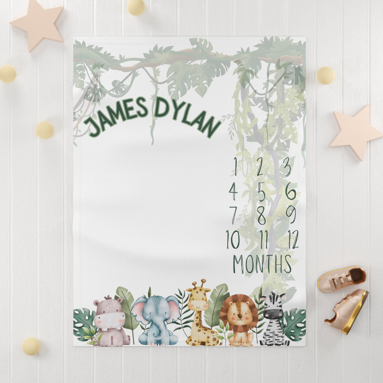 Jungle Themed Soft Fleece Milestone Blanket, Monthly Growth Tracker, Personalized Baby Blanket, Baby Shower Gift, Baby Adventure