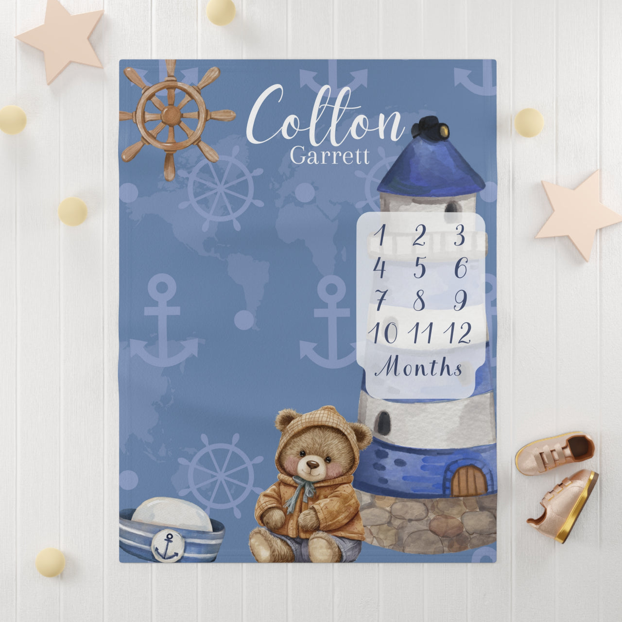 Nautical Bear Themed Soft Fleece Milestone Blanket, Boys Monthly Growth Tracker, Personalized Baby Blanket, Baby Shower Gift