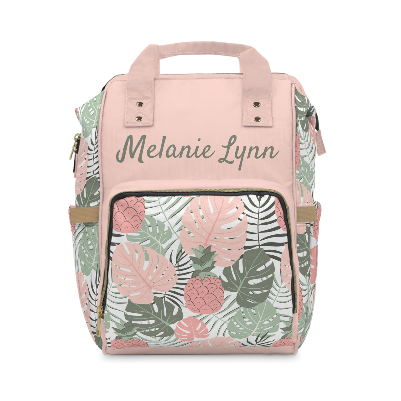 Personalized Pink Tropical Pattern Multifunctional Diaper Backpack, Newborn Gift, Baby Shower Gift, Tropical Themed Baby Shower