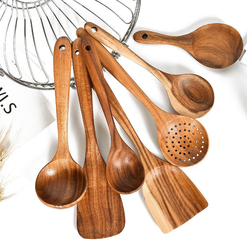Teak Natural Wood Tableware Spoon Ladle Turner Rice Colander Soup Skimmer Cooking Tool Sets Spoon Scoop Kitchen Tools Gadgets