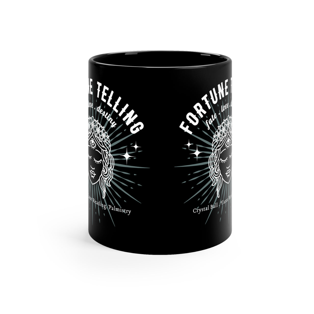 Fortune Telling 11oz Black Mug, Mystical Coffee Mug, Psychic Graphic Design, Crystals, Tarot, Palmistry
