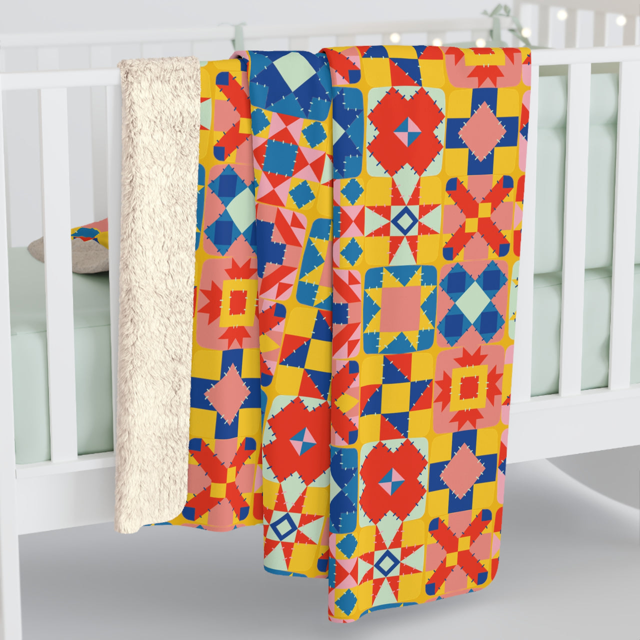 Colorful Patchwork Quilt Print Sherpa Fleece Blanket