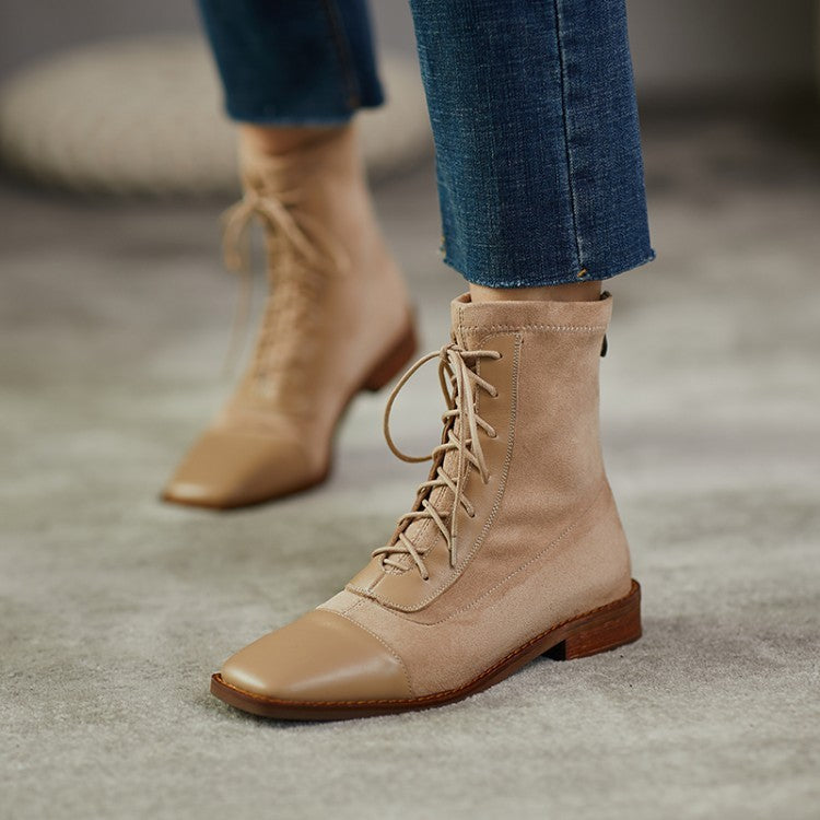 About Wind Low-Heel Flat Top Cowhide Square Toe Lace-Up Short-Leg Boots