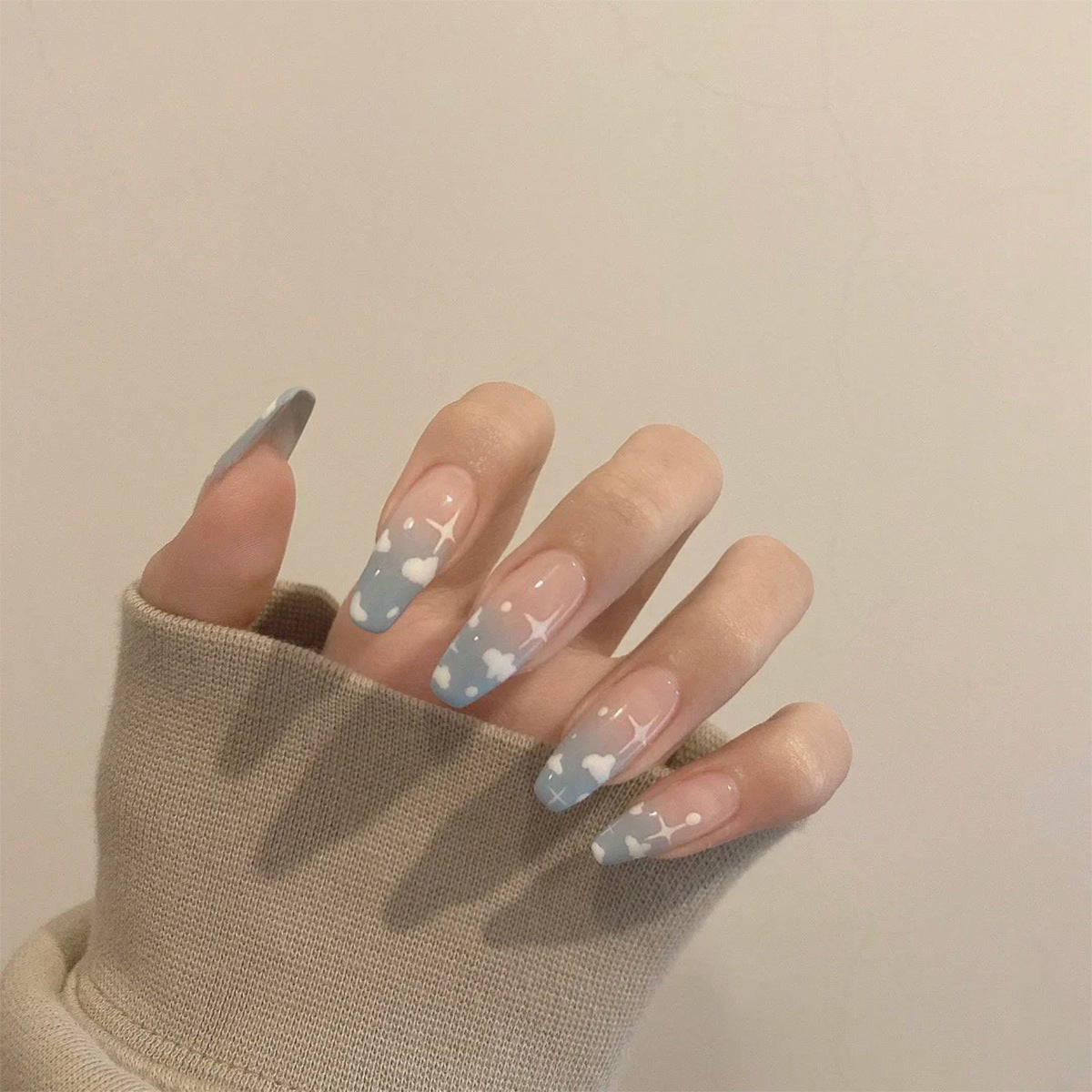 Gray Blue Cotton Cloud Wearing Nail Finished Soft Nail Fake Nail Patch Removable