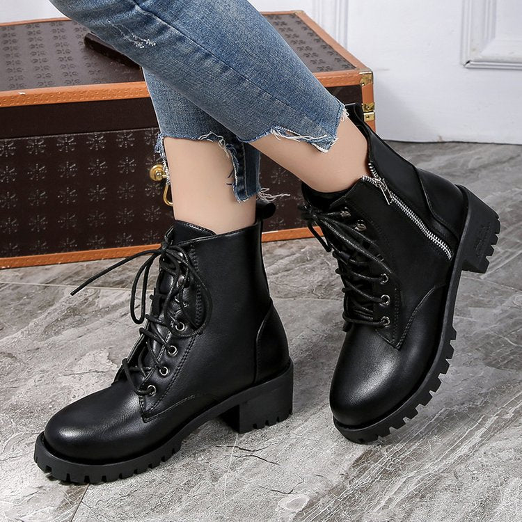 Women's Leather Boots High Top Women's Single Shoes Black Leather Boots