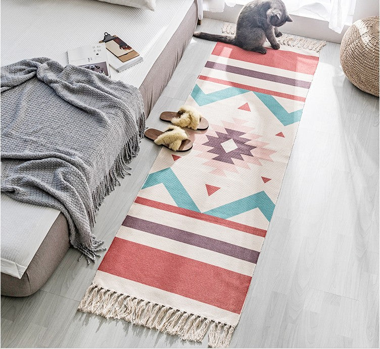 Hand Woven Cotton Linen Bohemian Rug Long Geometric Floor Accessory Living Room Home Decor