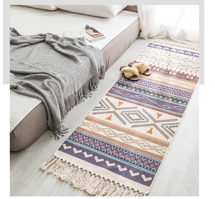 Hand Woven Cotton Linen Bohemian Rug Long Geometric Floor Accessory Living Room Home Decor