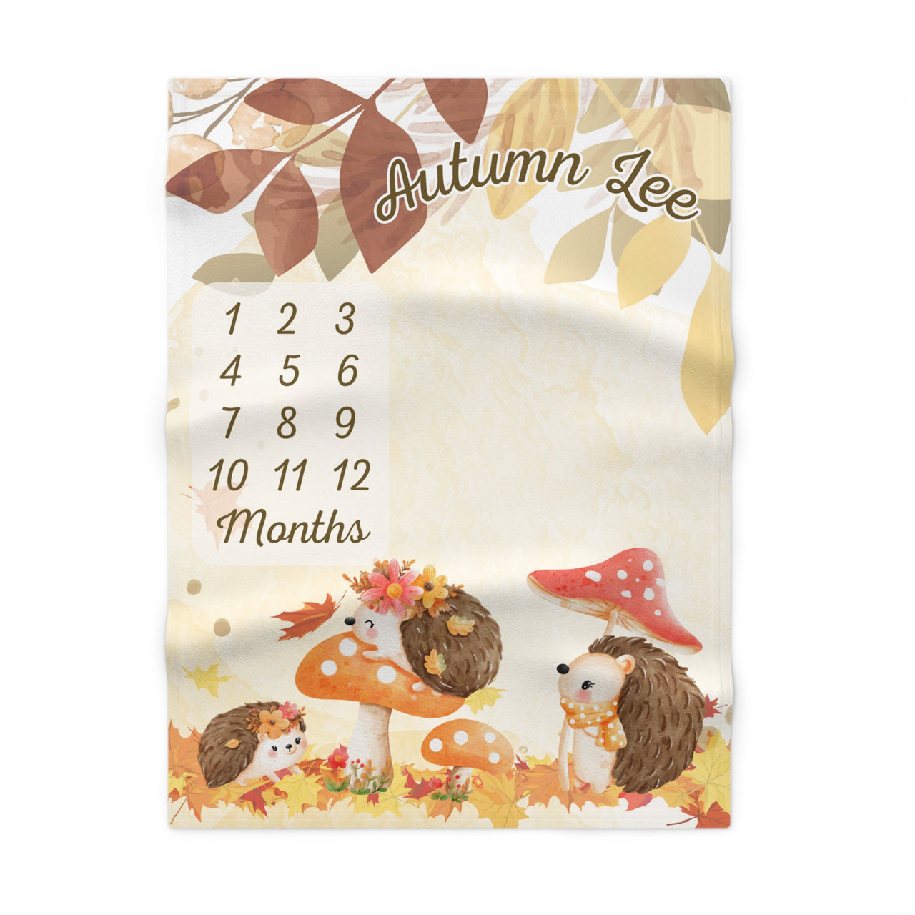 Fall Autumn Hedgehog Soft Fleece Milestone Blanket, Monthly Growth Tracker, Personalized Baby Blanket, Baby Shower Gift, Baby Adventure