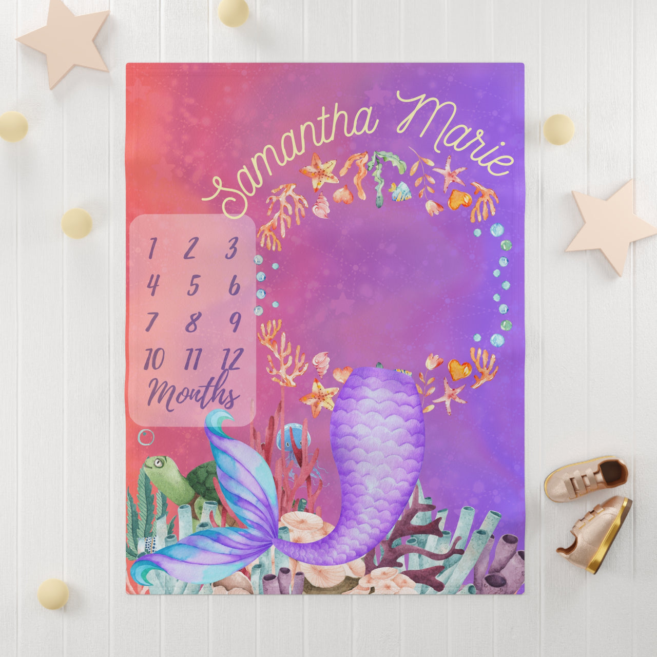 Girly Mermaid Pink Purple Soft Fleece Milestone Blanket, Monthly Growth Tracker, Personalized Baby Blanket, Baby Shower Gift, Baby Advent