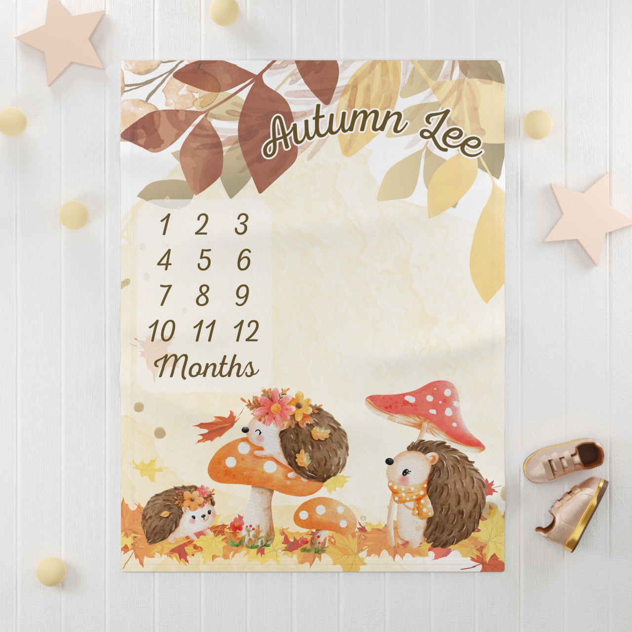 Fall Autumn Hedgehog Soft Fleece Milestone Blanket, Monthly Growth Tracker, Personalized Baby Blanket, Baby Shower Gift, Baby Adventure