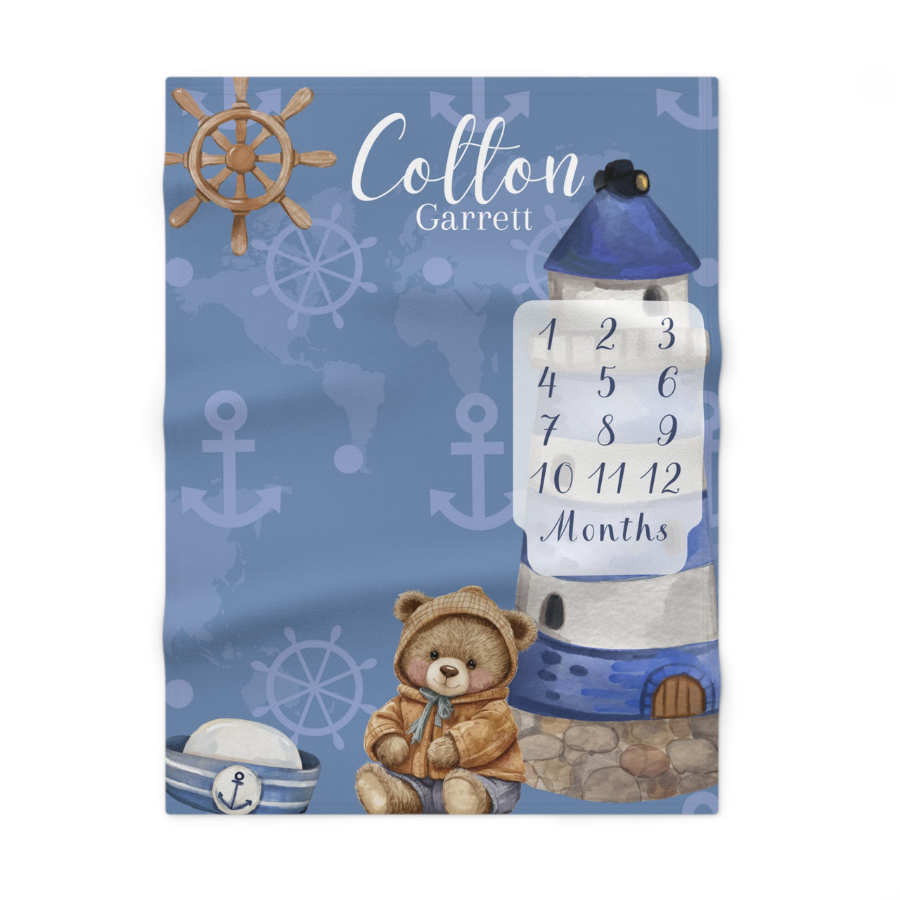 Nautical Bear Themed Soft Fleece Milestone Blanket, Boys Monthly Growth Tracker, Personalized Baby Blanket, Baby Shower Gift