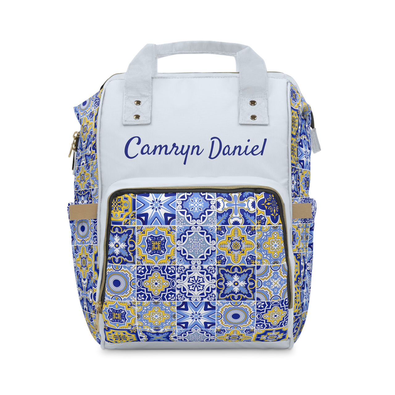 Personalized Blue Moroccan Tile Pattern Multifunctional Diaper Backpack, Newborn Gift, Baby Shower Gift, Patchwork Backpack