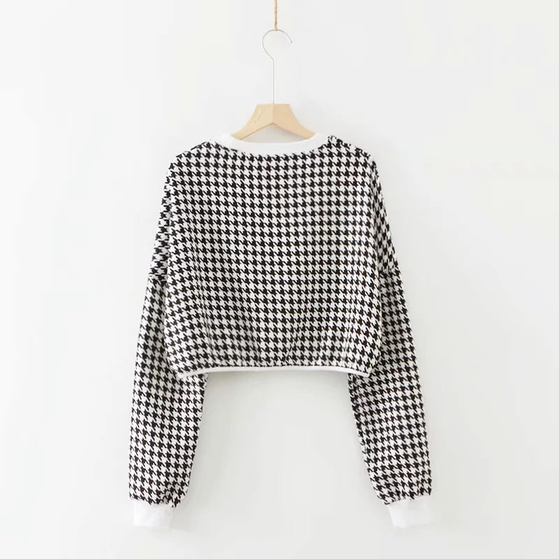 Hounds tooth Crew Neck Loose Cropped Pattern Sweater