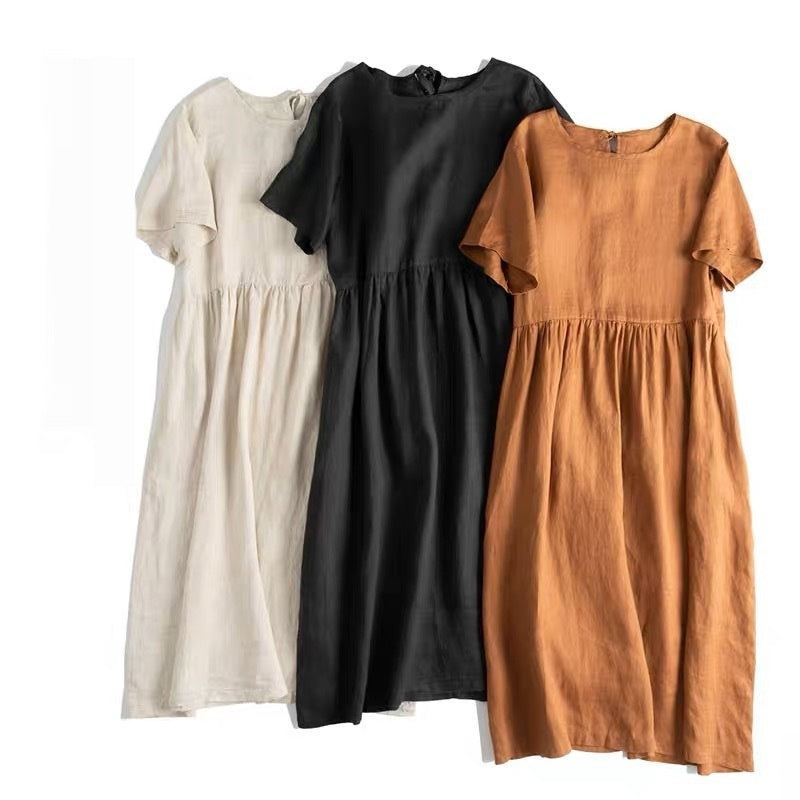 Elegant Cotton And Linen Art Round-neck Mid-sleeve Belt Large Swing Dress