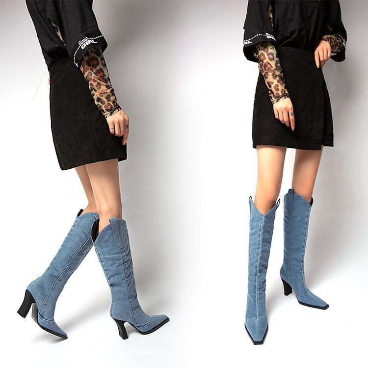 Chunky Western Cowboy Pointed Toe Below The Knee Knight Boots