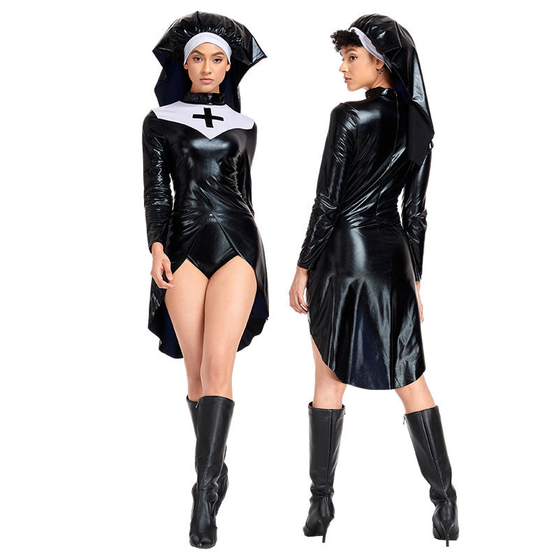 Sexy Nun Costume Halloween PU Leather Punk Cross Suit