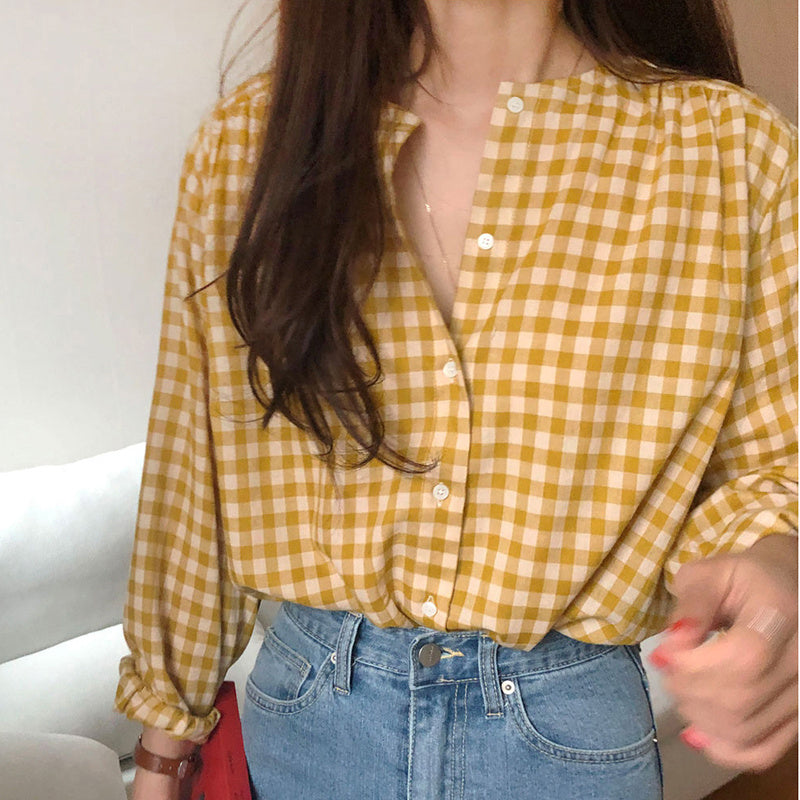 Girl Yellow Gingham Versatile Fashion Simple Loose Plaid Single Breasted Shirt