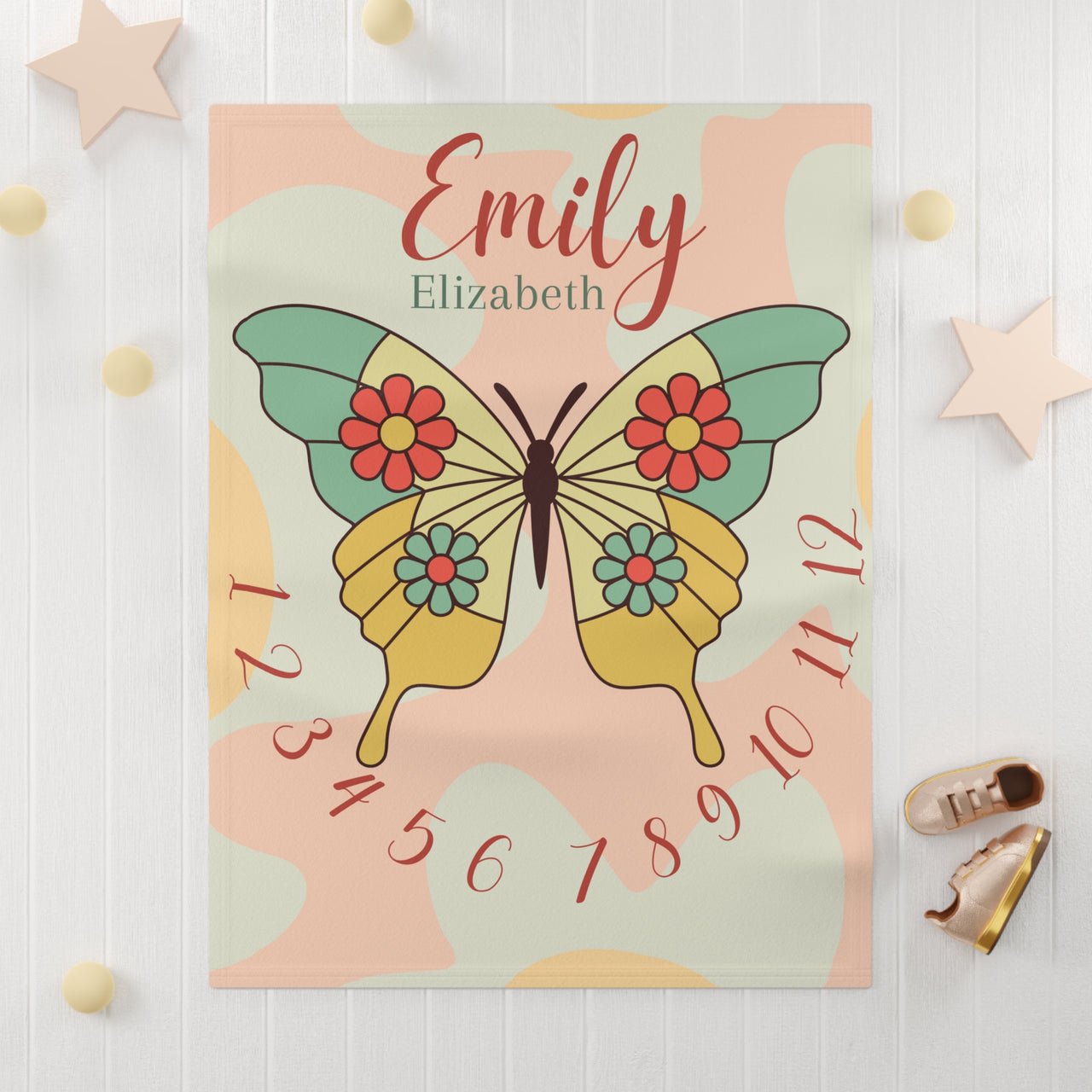 Retro Butterfly Themed Soft Fleece Milestone Blanket, Boys Monthly Growth Tracker, Personalized Baby Blanket, Baby Shower Gift