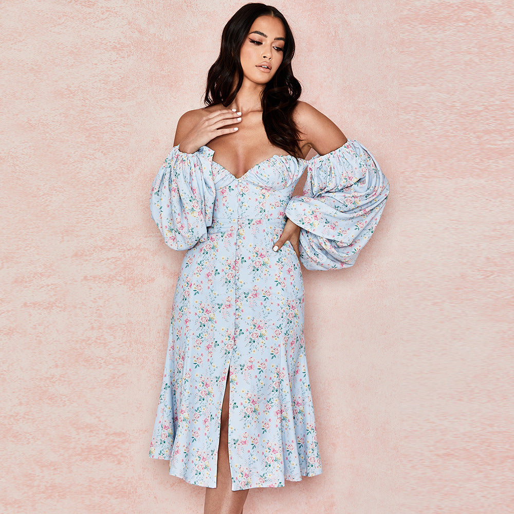 Floral Wrapped Chest Puff Sleeve Button Slim Dress
