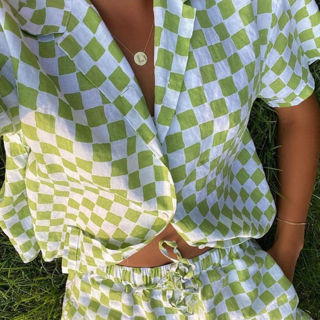 Green Checkered Shirt Shorts Vacation Casual Suit