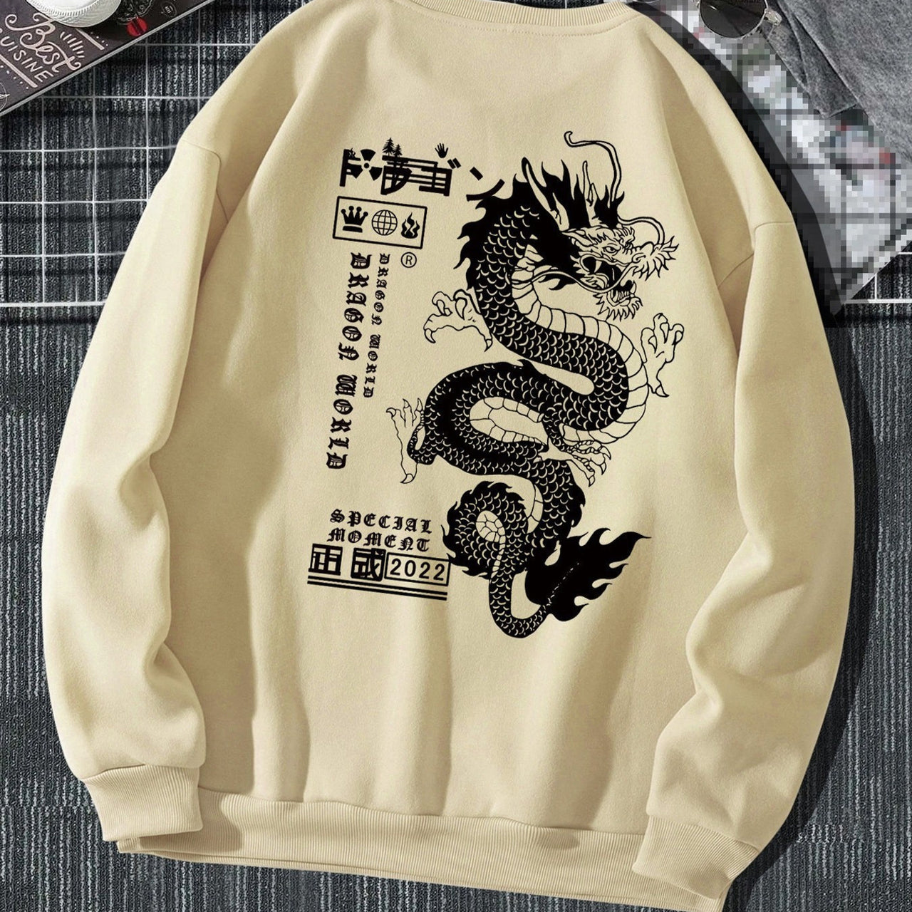 Men's Autumn And Winter Loose Tokyo Dragon Print Crewneck