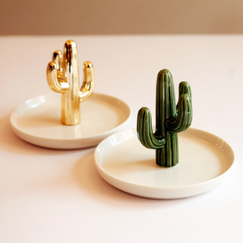 Green Gold Cactus Ceramic Jewelry Ring Holder