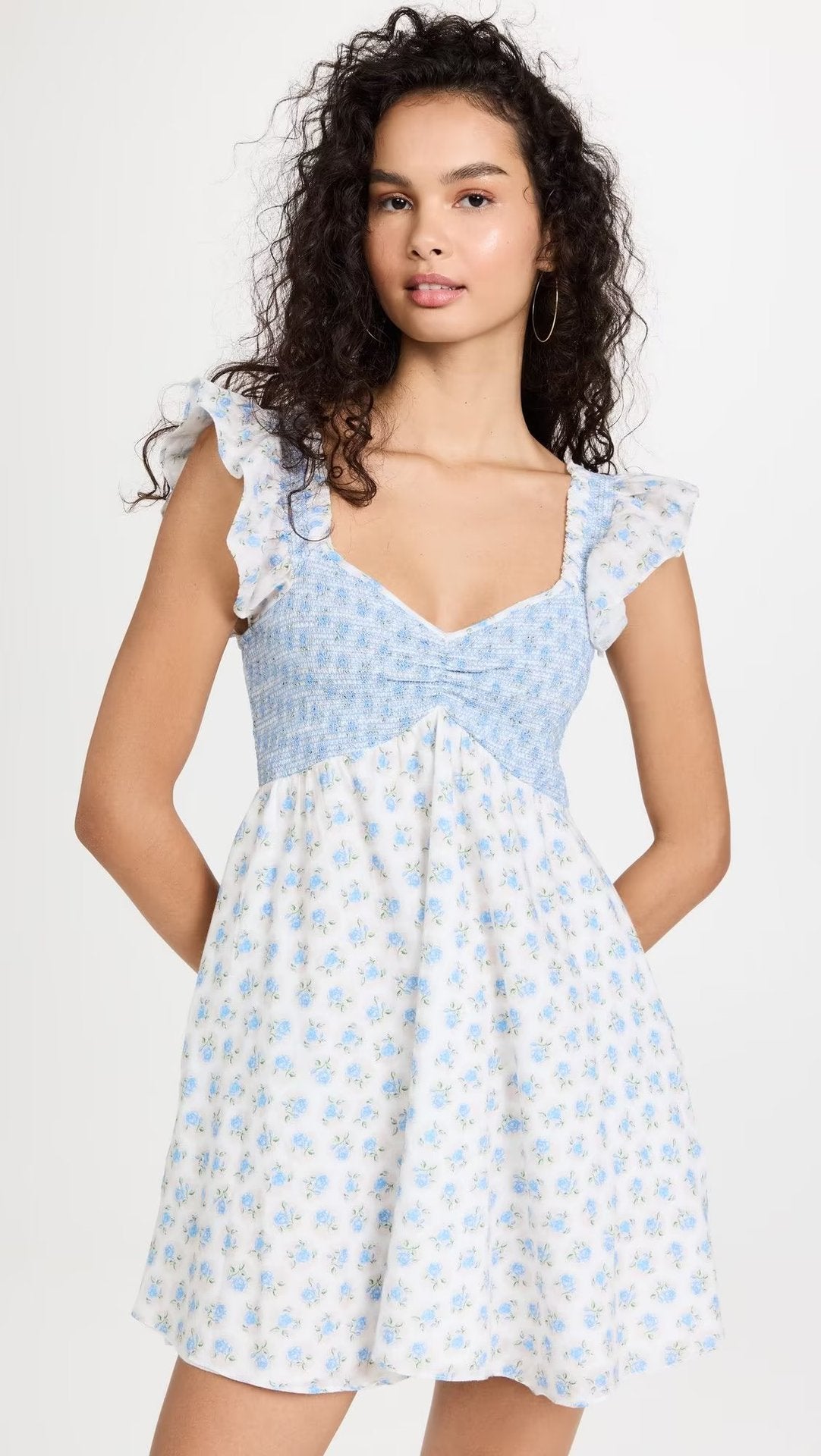 French Vacation Style Small Blue Flowers Elastic Loose Dress