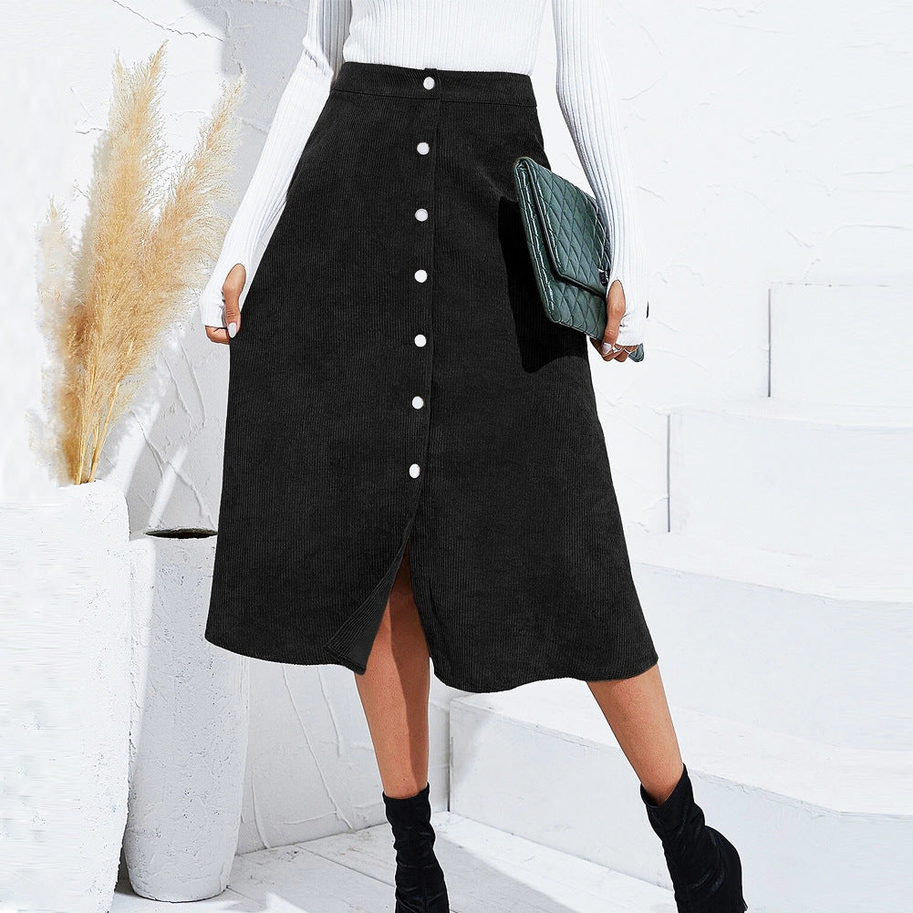 Corduroy Skirt Long Single-breasted High Waist Autumn And Winter Skirt