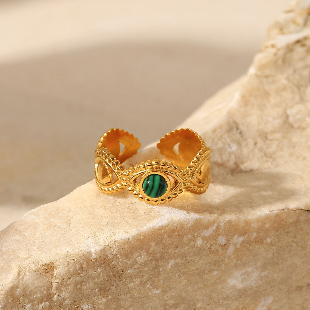 18K Gold Stainless Steel Green Malachite Natural Stone Ring