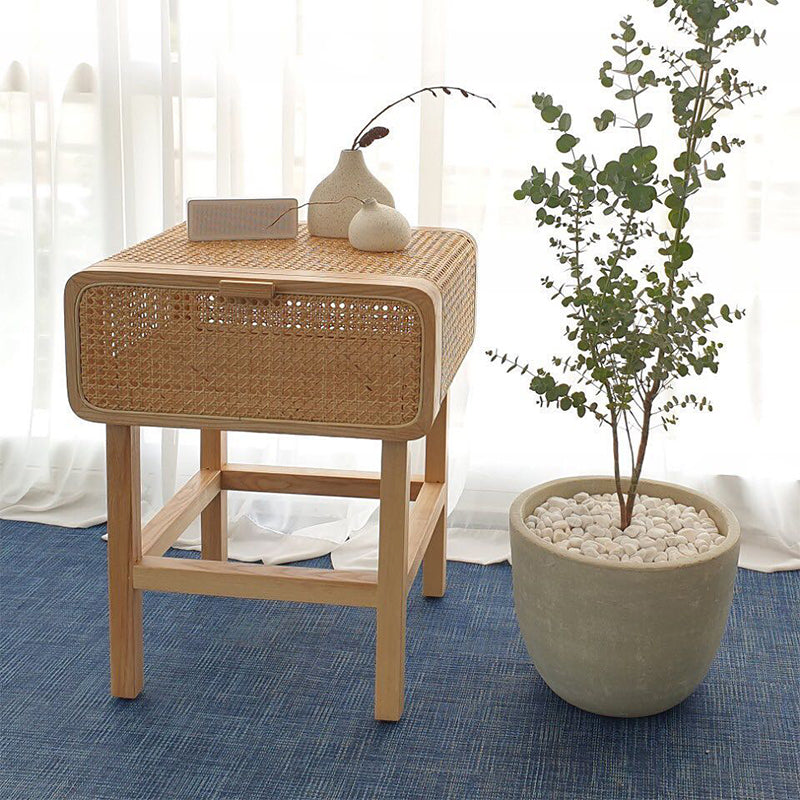 Ins Style Retro Rattan Solid Wood Bedside Table