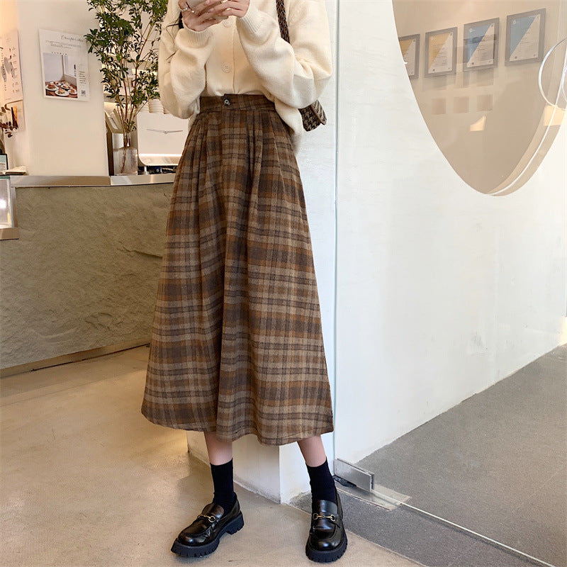 High-grade Coffee Color Plaid Skirt For Women