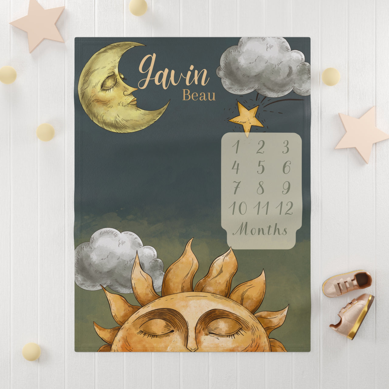 Sun and Moon Themed Soft Fleece Milestone Blanket, Boys Monthly Growth Tracker, Personalized Baby Blanket, Baby Shower Gift