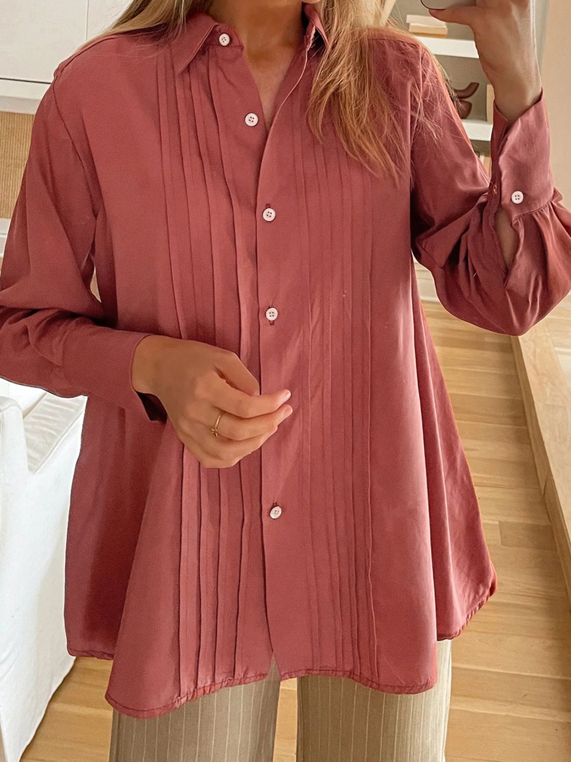 Perfee Ruched Collared Neck Long Sleeve Shirt