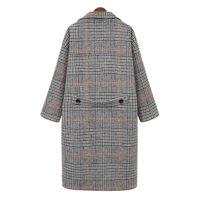All-Match Double Breasted Plaid Mid-Length Woolen Coat