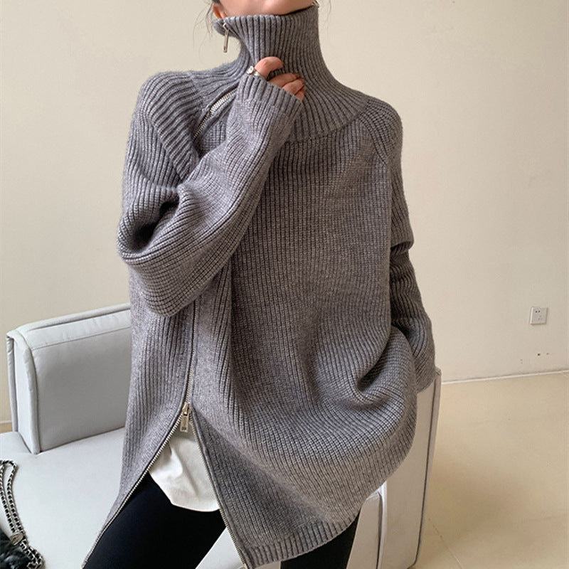 Women's Asymmetric Turtleneck Zipper Sweater
