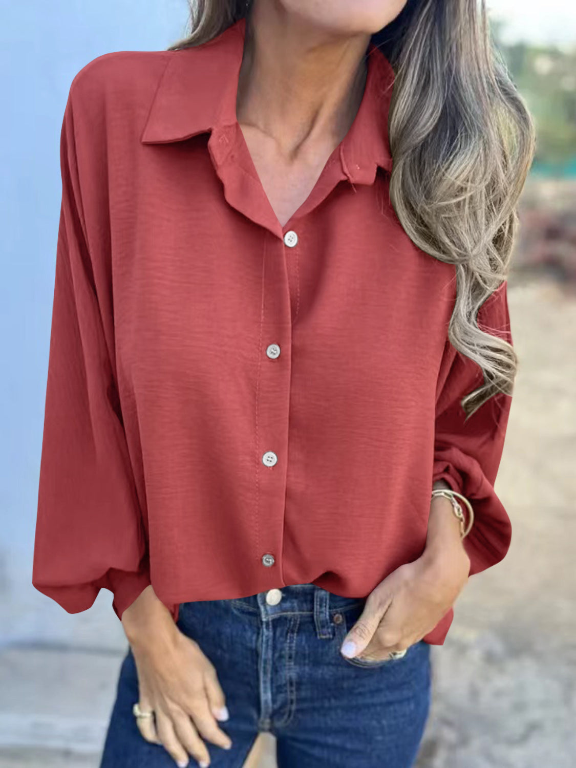 Full Size Collared Neck Long Sleeve Shirt