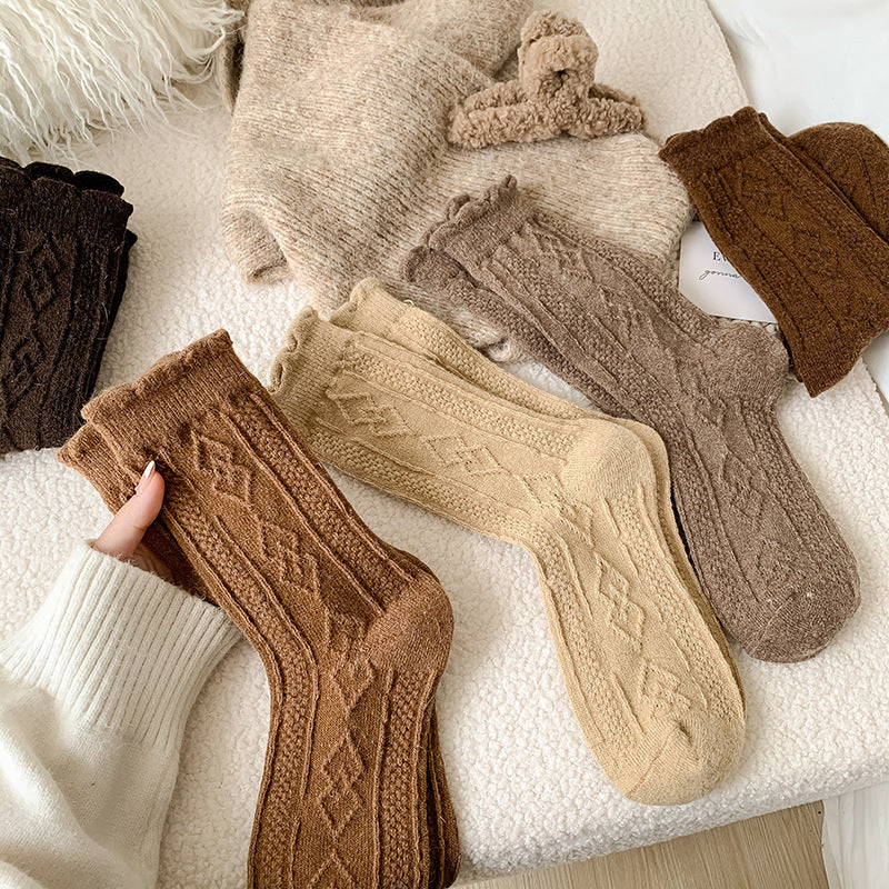 Autumn And Winter Thickening Diamond-shaped Milk Curry Color System Wool Mid-thigh Socks