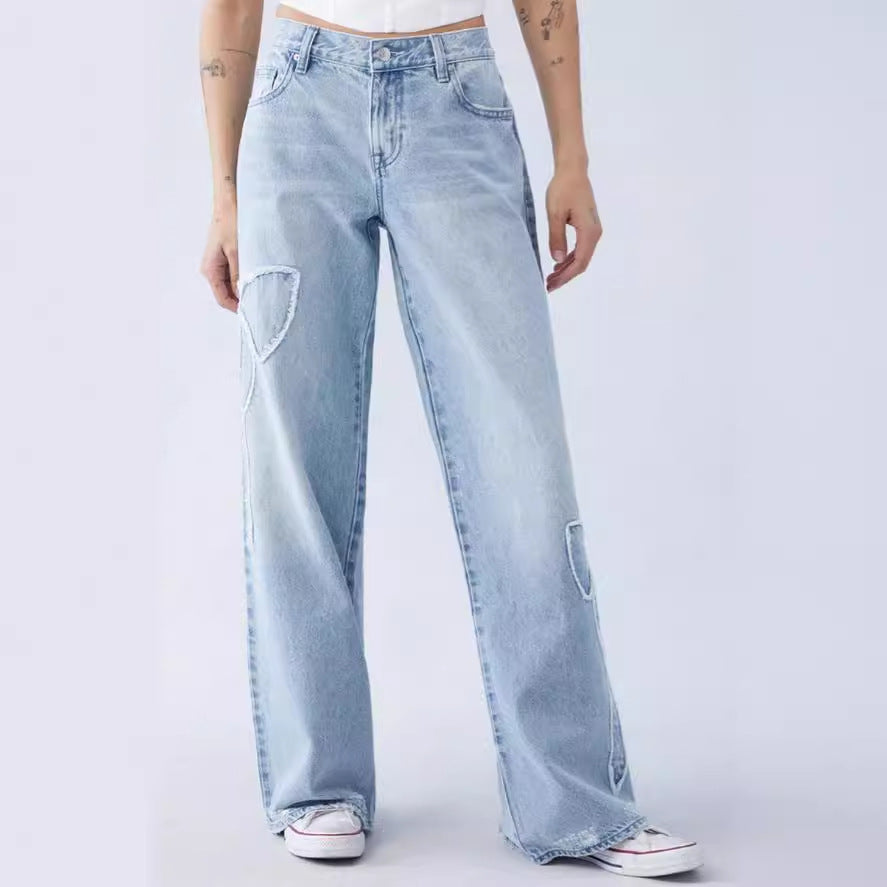 Embroidered Side Frayed Butterfly Jeans Street Design Hot Girl Baggy Straight Trousers