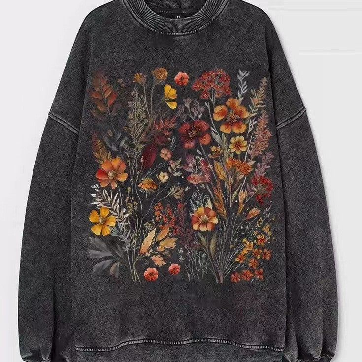 Botanical Washed Old Printed American Retro Washed Sweater