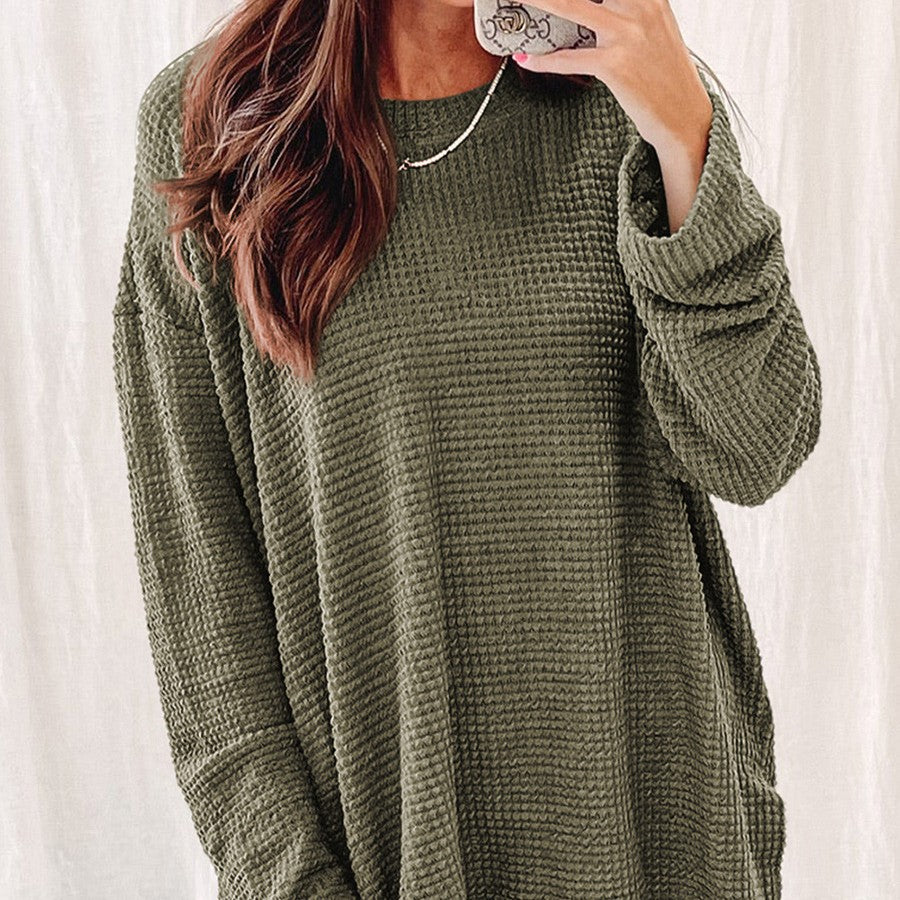 Solid Color Loose-fitting Pullover Round-neck Waffle Sweater