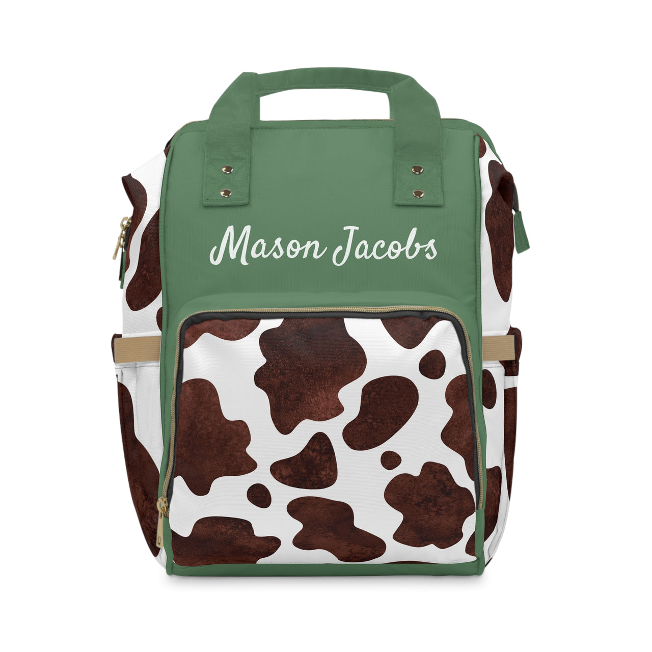 Personalized Green Boys Cow Print Multifunctional Diaper Backpack, Newborn Gift, Baby Shower Gift, Baby Diaper Bag Nappy Stroller Bag