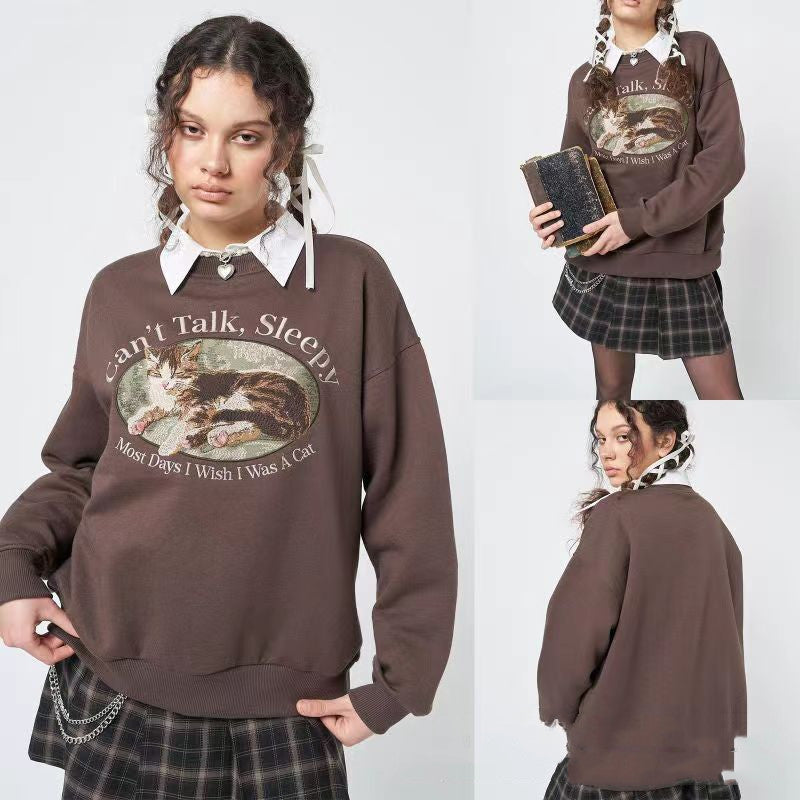 Women's Cat Loose Crew Neck Casual Long-sleeved Printed Sweater