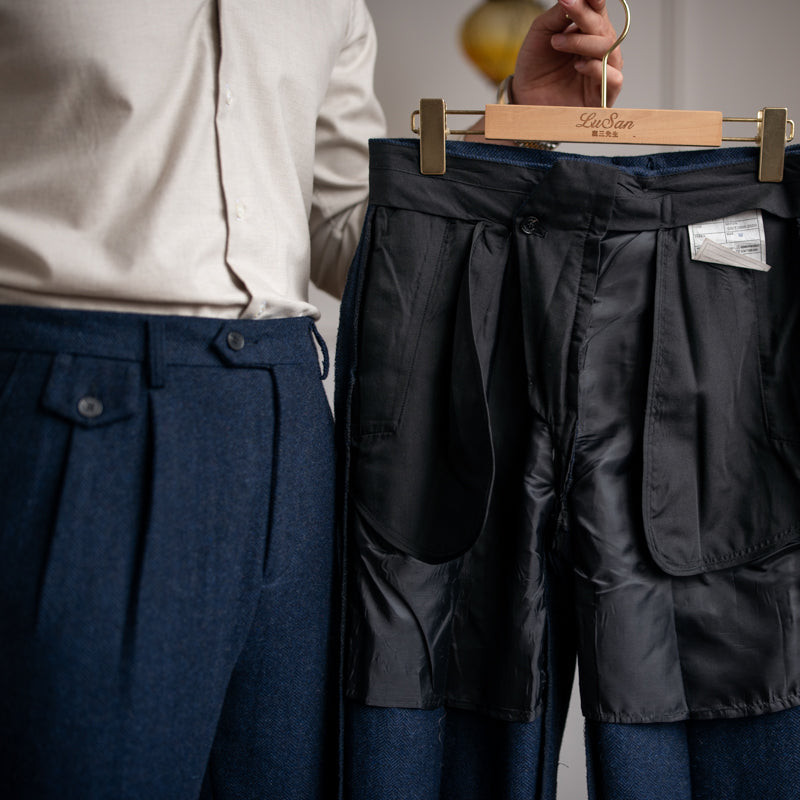 Herringbone Wool Suit Pants Men's High Waist Straight